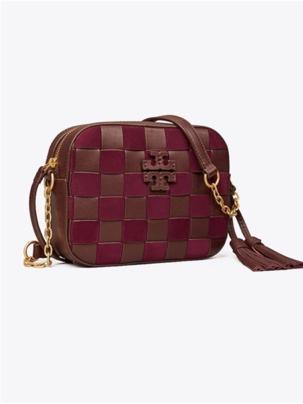 Tory Burch Burgundy and Brown Woven Leather Crossbody Camera Bag